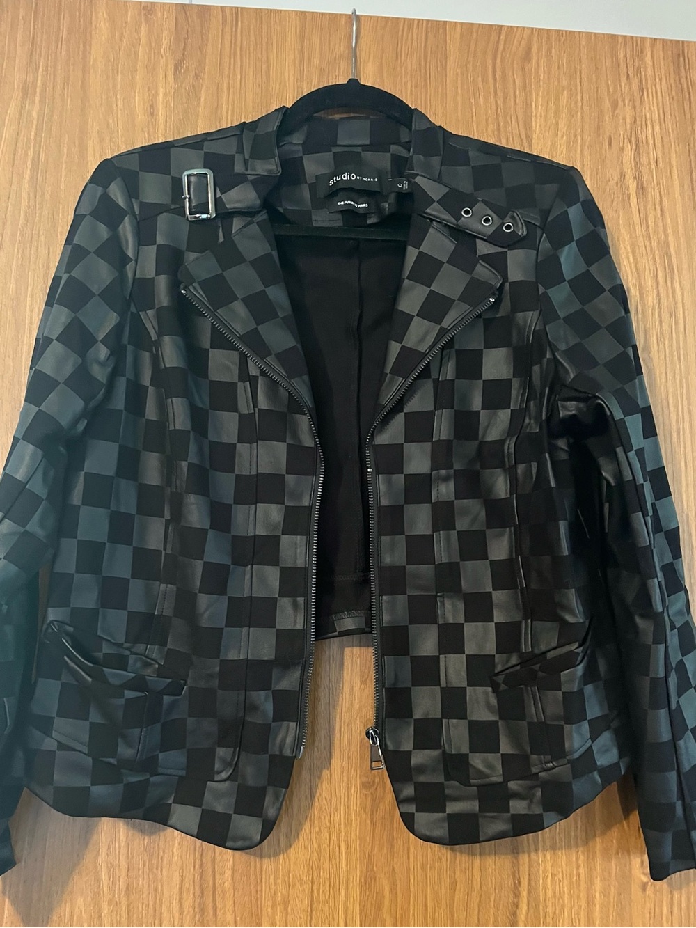 Studio Black Checkered Faux Leather Moto Jacket with Buckle Accent